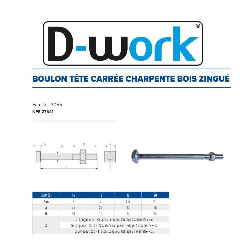 15 Boulons Charpente Bois Tête Carrée 18 x 325 mm - NFE 27341 - Zingué blanc - D-Work