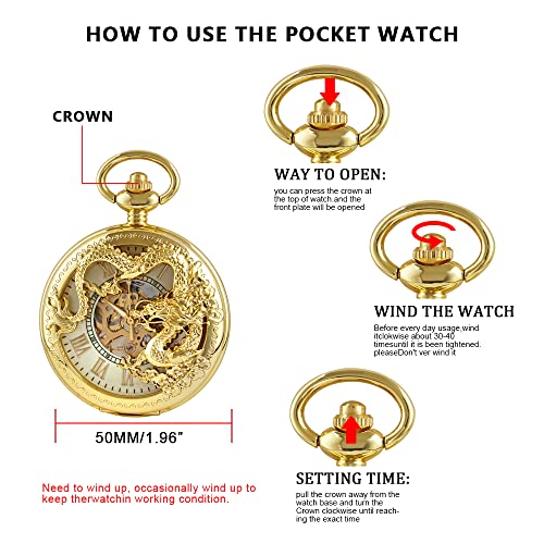Image of Men's Mechanical Hollow Design Hand Wind Pocket Watch Roman Numerals Steampunk with Chain Box