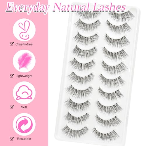 EMEDA False Eyelashes Natural Lashes Wispy 0.01mm Ultra Thin Band 12mm Pestañas Postizas Naturales Cat Eye 10 Pairs Invisible Clear Band 3D Demi Wispies Short Fake Eye Lashes Strips Handmade (005) - Image 3