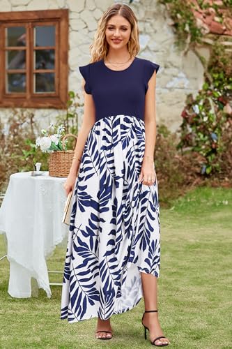 Image of OUGES Women's Maternity Dress Summer Ruffle Sleeve Patchwork Casual Flowy Maxi Dresses with Pockets