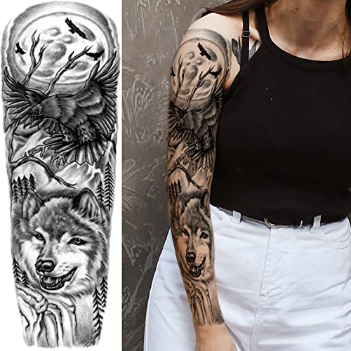 Lion Wolf Temporary Tattoo Sleeve For Men Women, 4-Sheet Full Arm Realistic Animal Leopard Tribal Fake Tattoos Sleeve Adult And 4-Sheet Large Black Forest Half Temp Tatoo Sticker Leg Body Art Makeup #TOP3