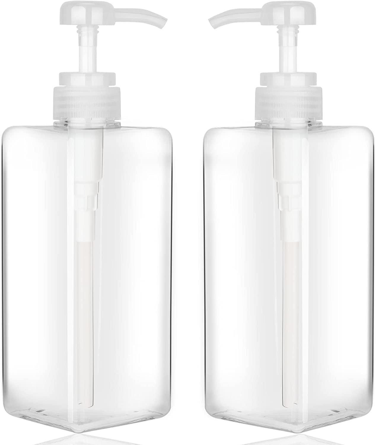 SYOSI Pump Bottle Dispenser Refillable Square, Refillable Plastic Empty Lotion Soap Dispenser for Essential Oil Soap Lotion Shampoo, Bathroom/Kitchen/Travel 22oz/650ml 2PCS (Clear)