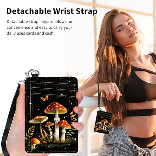 Slim Minimalist Front Pocket Wallet,Credit Card Holder Wallet for Women Men,RFID Blocking Credit Card Holder Case Leather Cute Thin Small Wallet ID Window&Wrist Strap,Red Mushroom Butterfly2