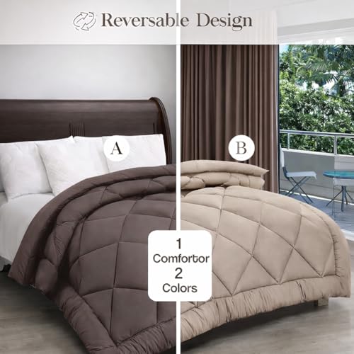 Image of THE HOME STYLE Solid Plain Cotton Feel Fitted Bedsheet (72x78 inches) with Reversible Comforter (90x100 inches) | King Size | 2 Pillow Covers | 300 TC | 4-Piece Bedding Set (Mocha)