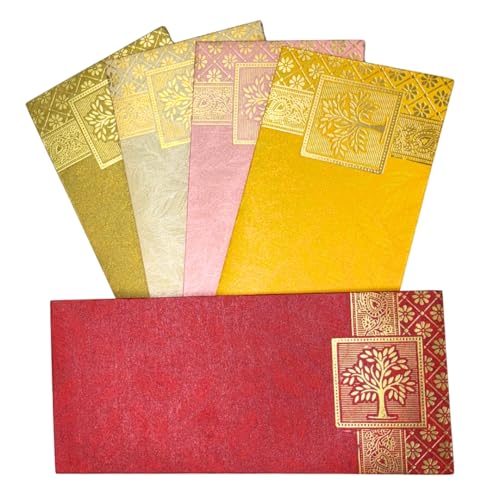 Image of Pack of 100, Rectangle Shape Metallic Paper Shagun Envelopes for Gifting Sagan Lifafa Wedding Occasion Cash Money, 18 X 8 cm, Multicolored 5 Colours of 20 Each - Gold Tree Design
