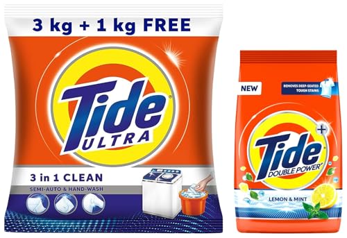 Image of Tide Ultra Stain Magnet Clean Semi-Auto & Hand Wash Detergent Washing Powder - 3 kg + 1 kg Free = 4 kg&Tide Plus Detergent Washing Powder with double Power Lemon and Mint Pack - 1 kg