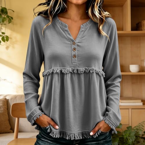 Western Tops for Women Fringe Trim Split Neck Henley Long Sleeve Blouse Relaxed Fit Boho Casual Fall Peasant Shirt Flowy Tops for Women Summer Gray S - image 3