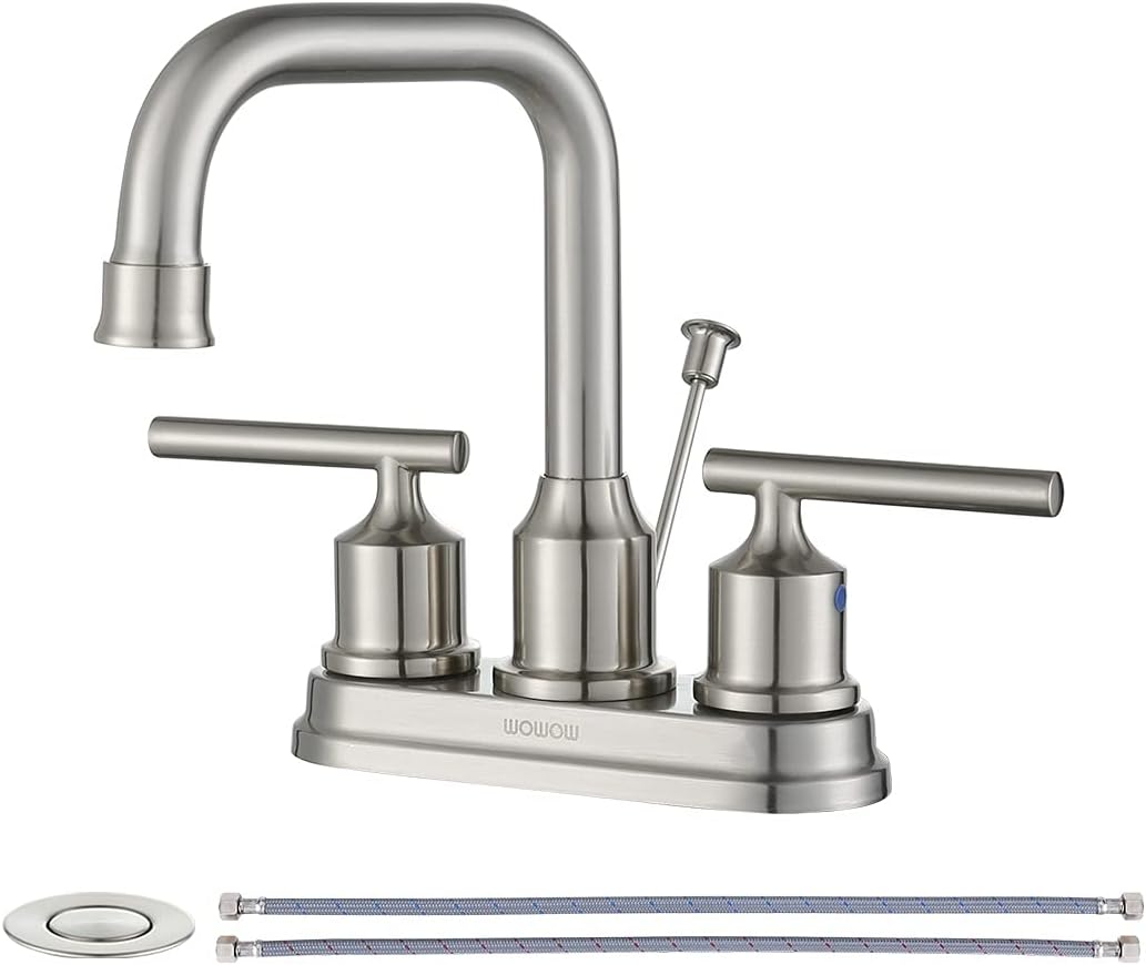 WOWOW Centerset Bathroom Faucet Brushed Nickel: 4 Inch Bathroom Sink Faucets with Lift Rod Drain Assembly Vanity Faucet 2 Handle High Arc Taps Modern