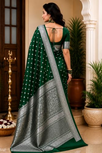Image of Women's Glory Banarasi Satin Silk Saree with Rich Gold Silver Zari Floral Embroidery | Kanjivaram Style | Traditional Wedding & Festive sadi with Contrast Border