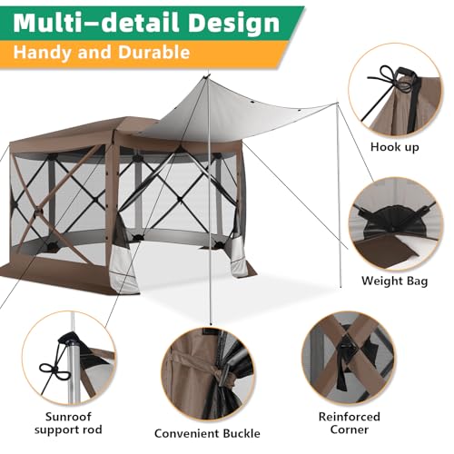Image of COBIZI Pop Up Gazebo Screen Tent Screen House for Camping, 12x12 Screen Room with Mosquito Netting, Hub Tent Instant Screened Canopy with Carrying Bag and Ground Stakes, Brown