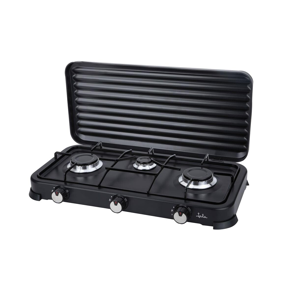 JATA JECG2703 Fornello a gas portatile a 3 fuochi con grill, sicuro per butano e propano con coperchio protettivo rimovibile, ideale per il campeggio