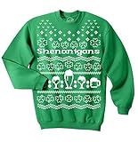 Shenanigans Ugly Christmas Sweatshirt Funny Drinking Cool Irish Clover Shirt Funny Sweater Saint Patrick's Day Crew Neck Cool Christmas Long Sleeve Crew Green M