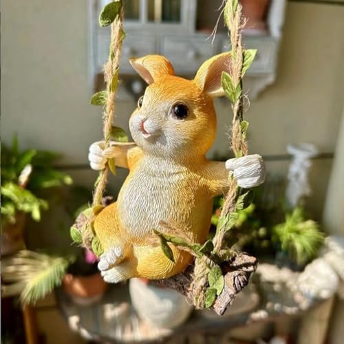 Image of HASTHIP Lovely Rabbit Car Ornament, Resin Rabbit on Swing Hanging Room Decor, Small Cute Bunny Figure Ornament with Hemp Rope, 10x13cm, 35cm Rope