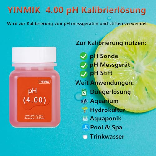 YINMIK pH Messgerät Kalibrierung Slösungs Kit (4.00, 7.00 und 10.01) mit pH Schutzlösungs Set, 3 Flaschen 50 ml pH Kalibrierung Spufferlösung und 2 Flaschen 10 ml KCL pH Sondenlösung für pH Messgerät