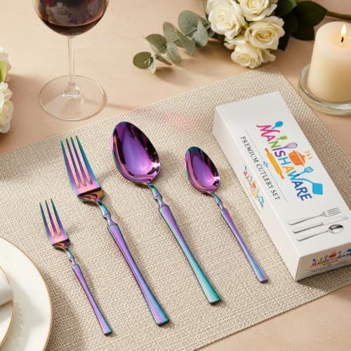 Image of Classic Rainbow 20 Pcs Stainless Steel Cutlery Set for Dining Table, Dishwasher Safe Glossy Flatware (Perfect Spoon Fork Set)