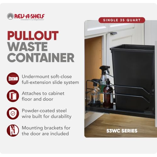 Image of Rev-A-Shelf 35 Qt Pull Out Trash Can with Soft Close for Under Kitchen Cabinets, Min Opening Width of 11.5 inch, Black, 53WC-1535SCDM-118