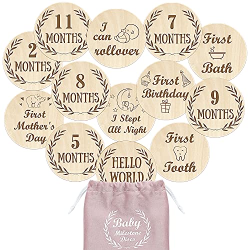 Image of Baby Milestone Cards Wooden Monthly Cards and Infant First, Double Sided Engraved Photo Prop Discs,Gift Set for Baby Shower and Newborn,Come with Velvet Gift Bag (Upgrade Round)