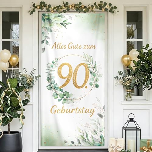 COMOOKA 90 Geburtstag Deko Grün Gold - Alles Gute zum 90. Geburtstag Banner mit Eukalyptus Design - Geburtstagsbanner 90 - Fotohintergrund & Tür Banner für Deko 90 Geburtstag Mann & Frau (90x185cm)