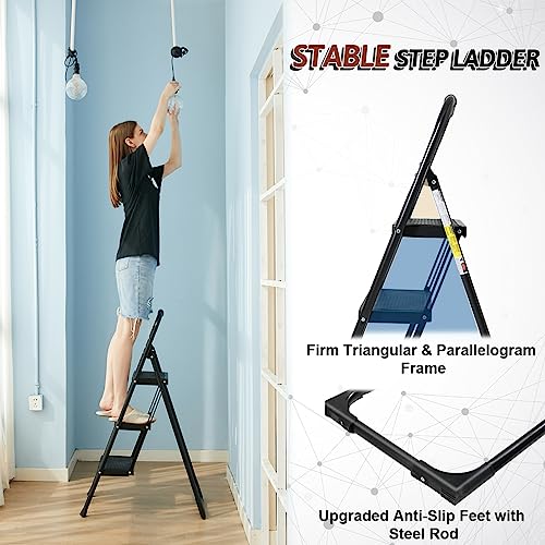Double Elite Step Ladder 3 Step Folding with Handgrip, Heavy Duty 440Lbs Load Step Stools for Adults, Safer Step Ladder for Home/Kitchen, Small Foldable Step Stool with Anti-Slip Wide Pedals, Black