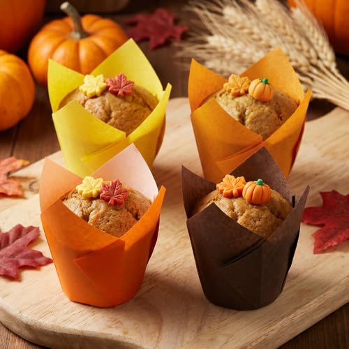 Image of 200PCS Tulip Cupcake Muffin Liners Greaseproof Paper Baking Cups Cupcake Wrappers for Thanksgiving Birthday Wedding Fall Party Baby Showers Catering (Golden Yellow /Light Orange /Orange /Brown)