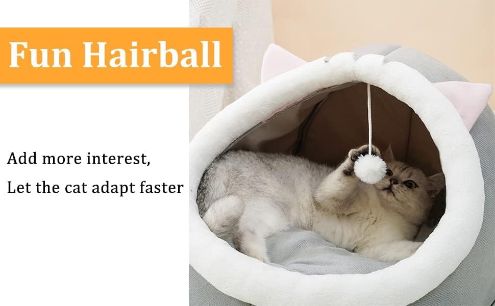 سرير قطط مناسب للقطط المنزلية، سرير بتصميم كهف نصف مغلق للقطط مع كرة من القطيفة، يوفر مساحة كبيرة للقطط كي تنام فيها، سرير قطط مغطى ومريح وناعم مع حصيرة قابلة للفصل والغسل
