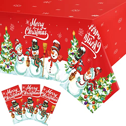 3 Pieces Christmas Table Cover Set Merry Christmas Tablecloth Christmas Theme Party Plastic Tablecover Xmas Snowman Christmas Tree Table Cloth for Kids Birthday Christmas Themed Party Decoration