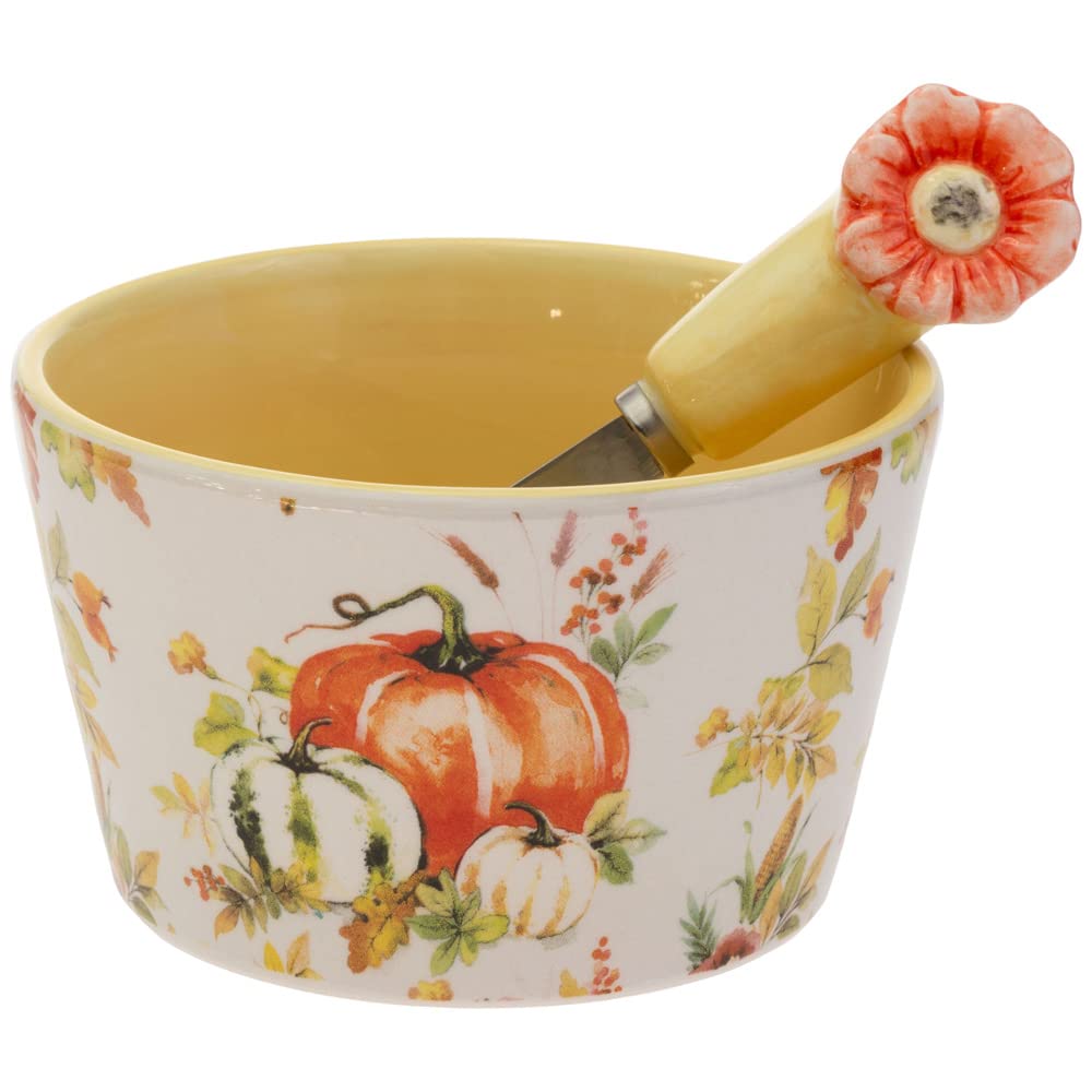 Boston International Ceramic Bowl and Spreader Set Fall Thanksgiving Serving Set, 14-Ounce, Pumpkin Love
