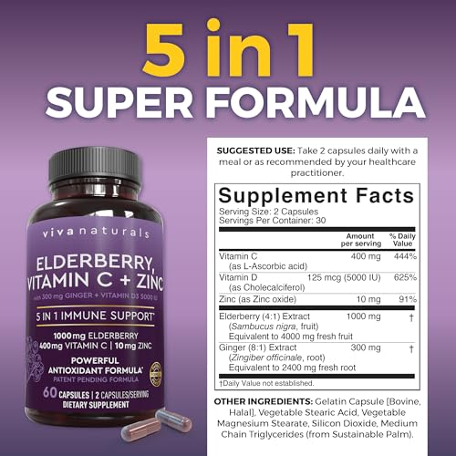 Viva Naturals Sambucus Elderberry With Zinc And Vitamin C For Adults, Vitamin D 5000 Iu And Ginger - Immune Support Supplement thumb #1