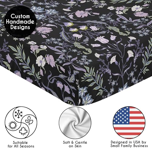 Image of Sweet Jojo Designs Fitted Baby Crib Sheets (Black & Purple Wildflower Vintage Floral) for Girls, Infant Nursery, Toddler Room - Standard Size (Boho, Paisley, Bohemian, Cottagecore, Farmhouse, Flower)