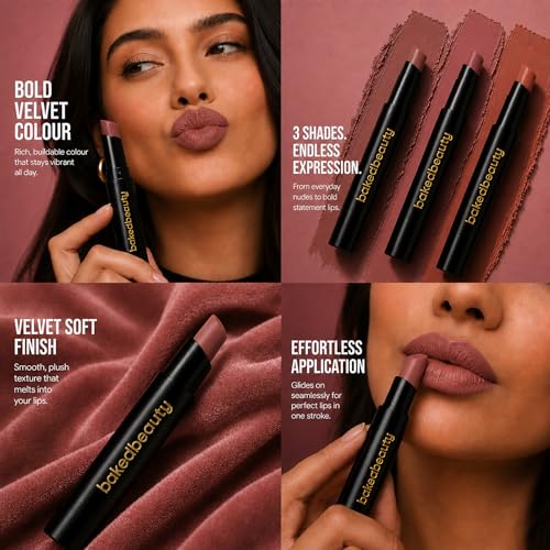 Image of BAKED BEAUTY Lip Crayon Lipstick with Light Weight & Nourishing Formula, Set of 3, 2.5g each (Brownie Bite)