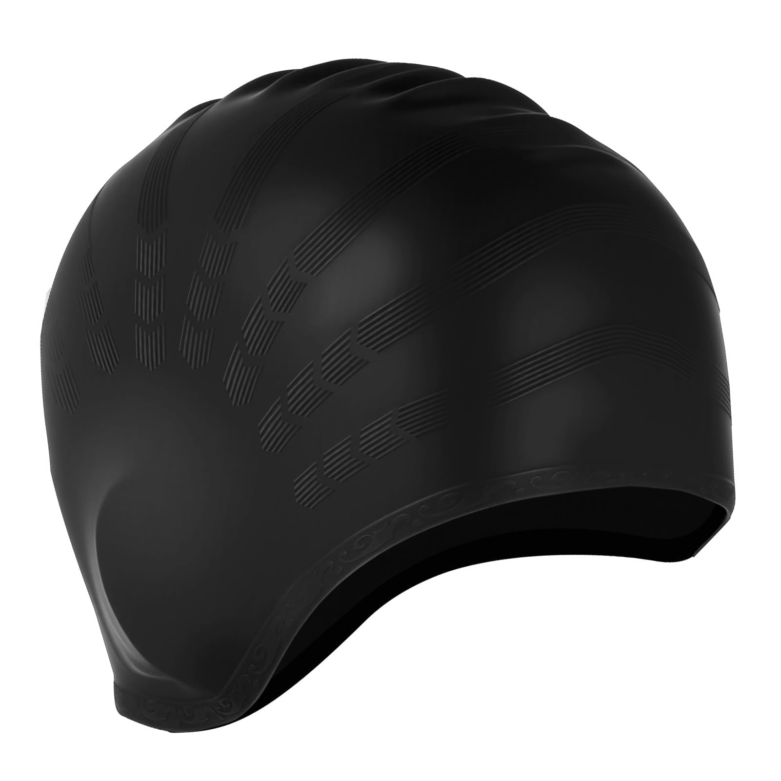 Swim Caps with 3D Ear Protection, Waterproof Swimming Hat Fits Long & Short Hair Keep Hair Dry Silicone Anti-Slip Swimming Cap Lightweight Bathing Caps for Women Men Adult & Youth (Black)