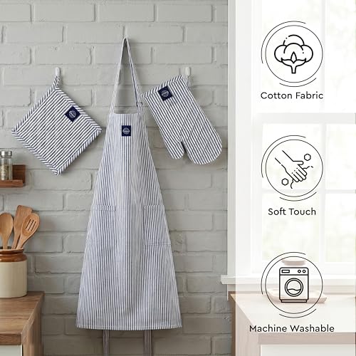 Image of Encasa XO 100% Cotton Apron Set for Women & Men with Adjustable Apron, Oven Gloves & Pot Holder (Pack of 3) Combo, Heat-Resistant, Soft & Durable for Cooking, Baking & Grilling (Ticking Navy Blue)
