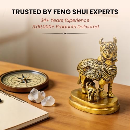 Image of Plus Value Nandi Kamdhenu Cow with Calf Idol Brass Statue Maha Vastu Remedies Product for Home Temple Decor Showpiece (3.5 x 4 Inches, Gold)