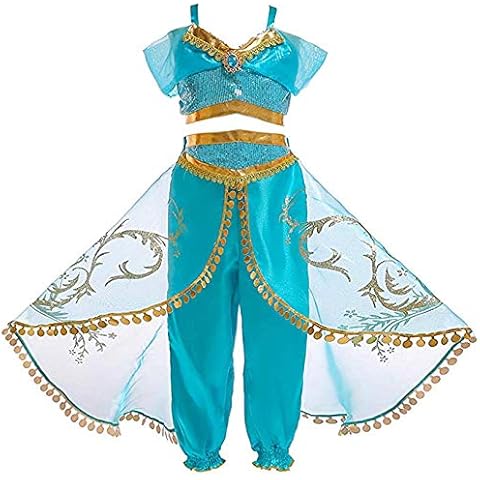 Atorcher Jasmine Princess Costume for Girls Sequined Princess Costume Set Dress Up for Kids Blue Cover