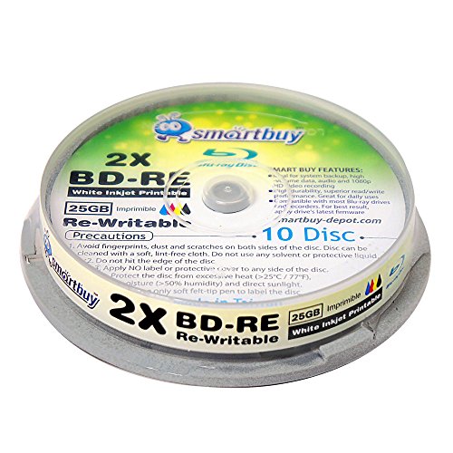 Image of 10 Pack Smartbuy 2X 25GB Blue Blu-ray BD-RE Rewritable White Inkjet Hub Printable Blank Bluray Disc
