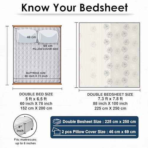 Image of Story@Home Cotton Bedsheet for Double Bed with 2 Pillow Covers 186 TC 225x250 cm, Beige, Floral Queen Size Bed Sheet | Perfect for Home Decor & Ultimate Comfort | Ideal for Gifting