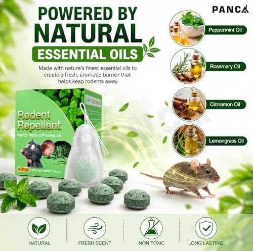 Image of PANCA Natural Rodent Repellent Tablets for Car & Home Pack of 10 | Peppermint Rat Repellent Mouse Deterrent for Car Wires Garage Kitchen Indoor Outdoor Pest Repeller Safe for Children & Pets
