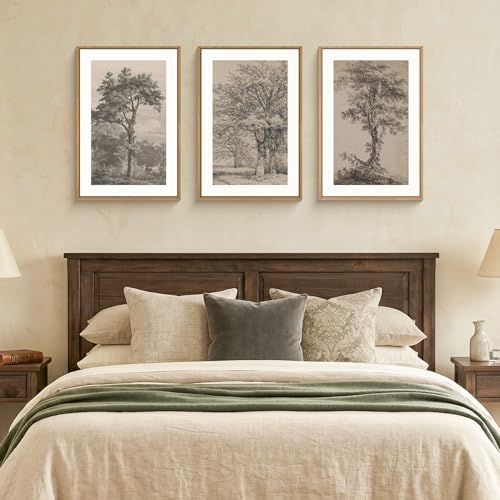Image of KAIRNE Vintage Tree Sketch Framed Canvas Wall Art Set, Antique Tree Drawings Wall Decor, Retro Forest Art Prints, Modern Nature Landscape Artwork for Living Room, Bedroom, Farmhouse, Office-16 x24 x3
