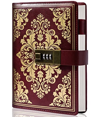 CAGIE Lock Journal for Women Vintage Refillable Lock Diary Exclusive Leather Secret Diary with Combination Lock for Men Retro Diary with Inner Pocket, 5.5" x 8.5", Red