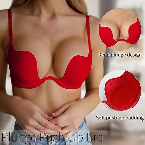Image of Womens Low Plunge Push Up Bra with Clear Straps Low Cut Convertible Underwire Padded Cleavage Bra