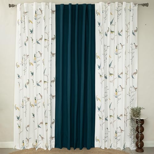 Image of Tranquebar Curtain Co. Window Curtains 5 Feet, 60-65% Room Darkening, Multicolor (Blue, Yellow) Bird Print, Cotton Curtains for Window, BackTab Loops, Design Shiri Green Combo (152 cm) - Set of 3
