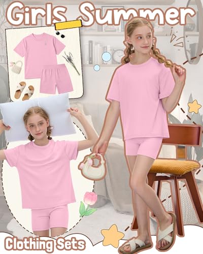 Image of Oakgarden Summer Outfits for Girls 5-14Y Athletic Casual Sets Kid Short Sleeve Shirt Bike Shorts 2 Piece Tween Trendy Clothes