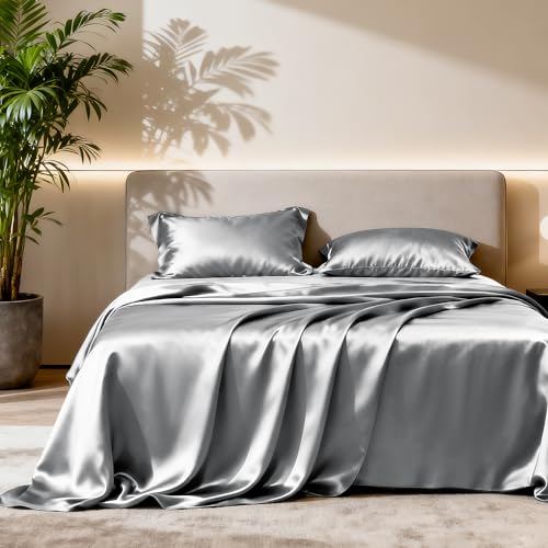 Love's cabin Satin Queen Sheets Set - 4 Piece Dark Grey Silky Bed Sheets with Deep Pocket, Luxury Silk Feel Satin Queen Size Sheet Set (1 Flat Sheet,1 Fitted Sheet,2 Pillow Cases)