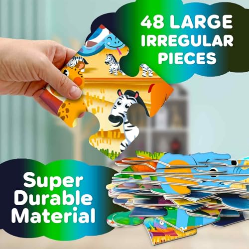 QUOKKA Floor Puzzles for Kids Ages 4–8 – 2x3 FT Giant Glow in The Dark Jigsaw – 48 Large Pieces – African Animal Safari Scene – Montessori Toy with Gift Box – Fun Learning Activity