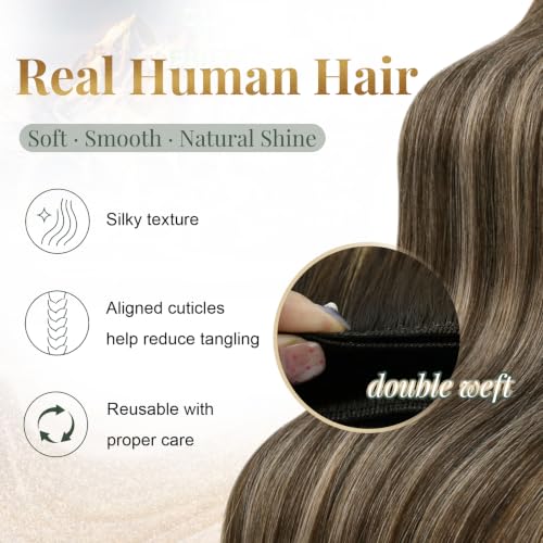 Image of Ugeat Weft Hair Extensions Human Hair, Human Hair Extensions Sew in 22 Inch 100g, Hair Weft Extensions Double Weft, Dark Brown Balayage Ash Blonde
