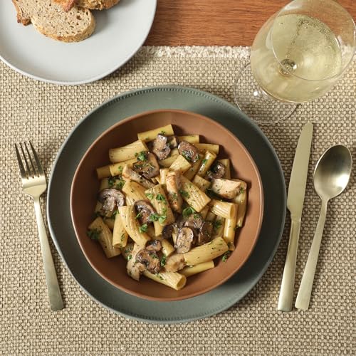 Image of Gibson Elite Menlo Park 16-Piece Pottery Clay Stoneware Dinnerware Set - Assorted Color Reactive Glaze, Organic Shape Embossed Plates and Bowls W /Pasta Bowl, Service for 4 Microwave Dishwasher Safe