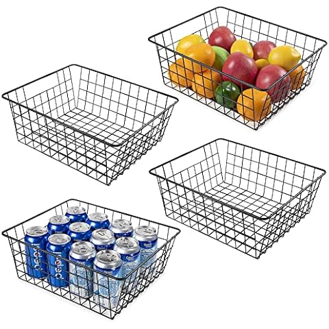 Wire Storage Baskets for Organizing, Vtopmart 4 Pack Metal Wire Freezer Organizer Bins with Handles, Large Pantry Baskets for Kitchen Cabinets, Bathroom, Laundry, Garage, Black Cover