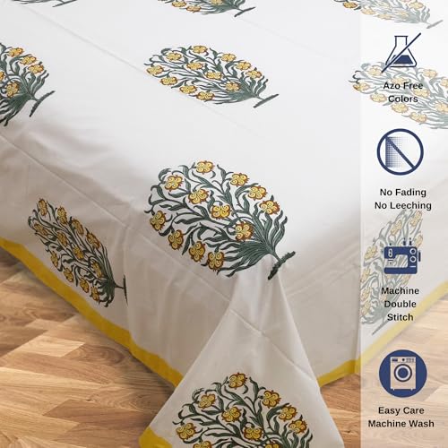 Image of TOAIArt Hand Block Printed Bedsheet | Long Staple Premium Cotton | Double Bed Sizes | Queen Size 90 inchX108 inch | 300 TC | Includes 2 Large Pillow Covers 18 inch X 28 inch (Yellow Marigold Bush on White)