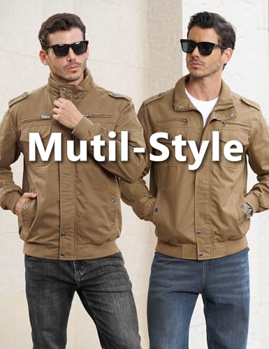 Image of EKLENTSON Men's Jacket | Military style, ribbed knit cuffs and hem, stand collar, zip closure with snap buttons, multi cargo pockets, for daily wear