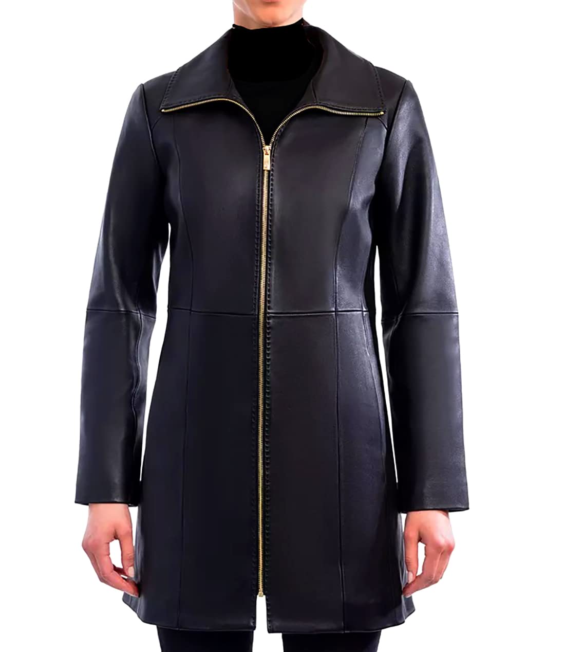 Anne Klein Womens Mid-Length Zipper Black Leather Jacket – Classic 